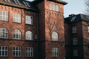 a brick building with a tower